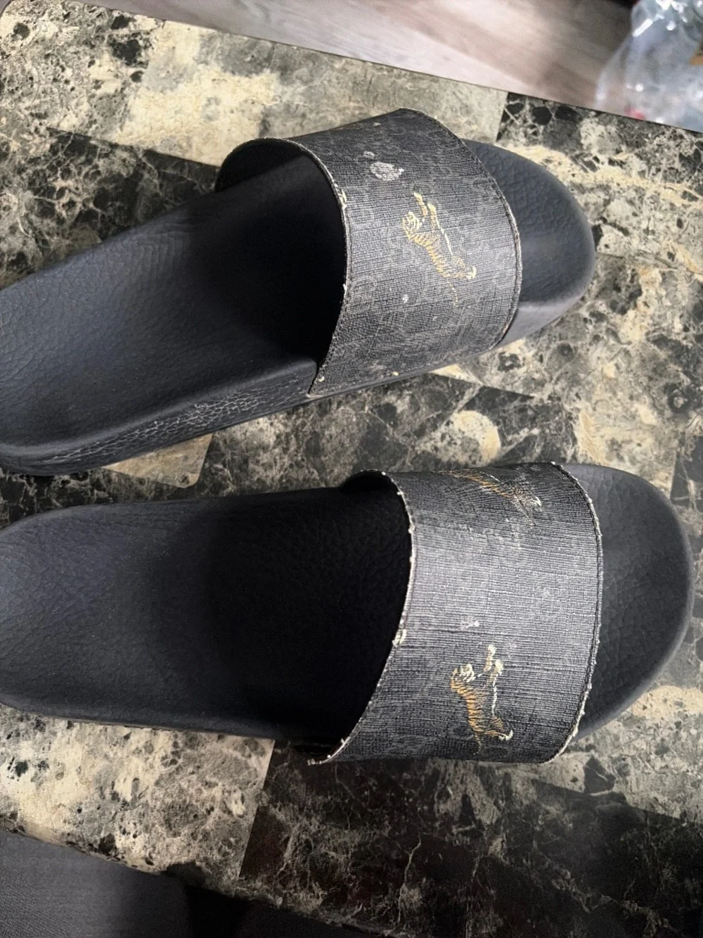 Gucci Black Slides with Gold Logo & Tiger